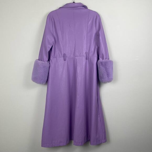 Purple faux leather trench coat with fur puff sleeves size M - Picture 2 of 8